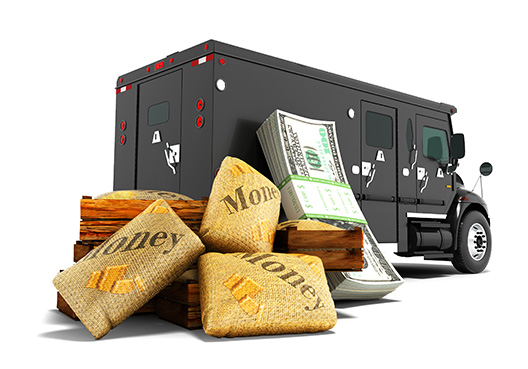 cash in transit truck with bags of money and dollar bills