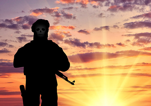 man holding a gun looking at a sunset